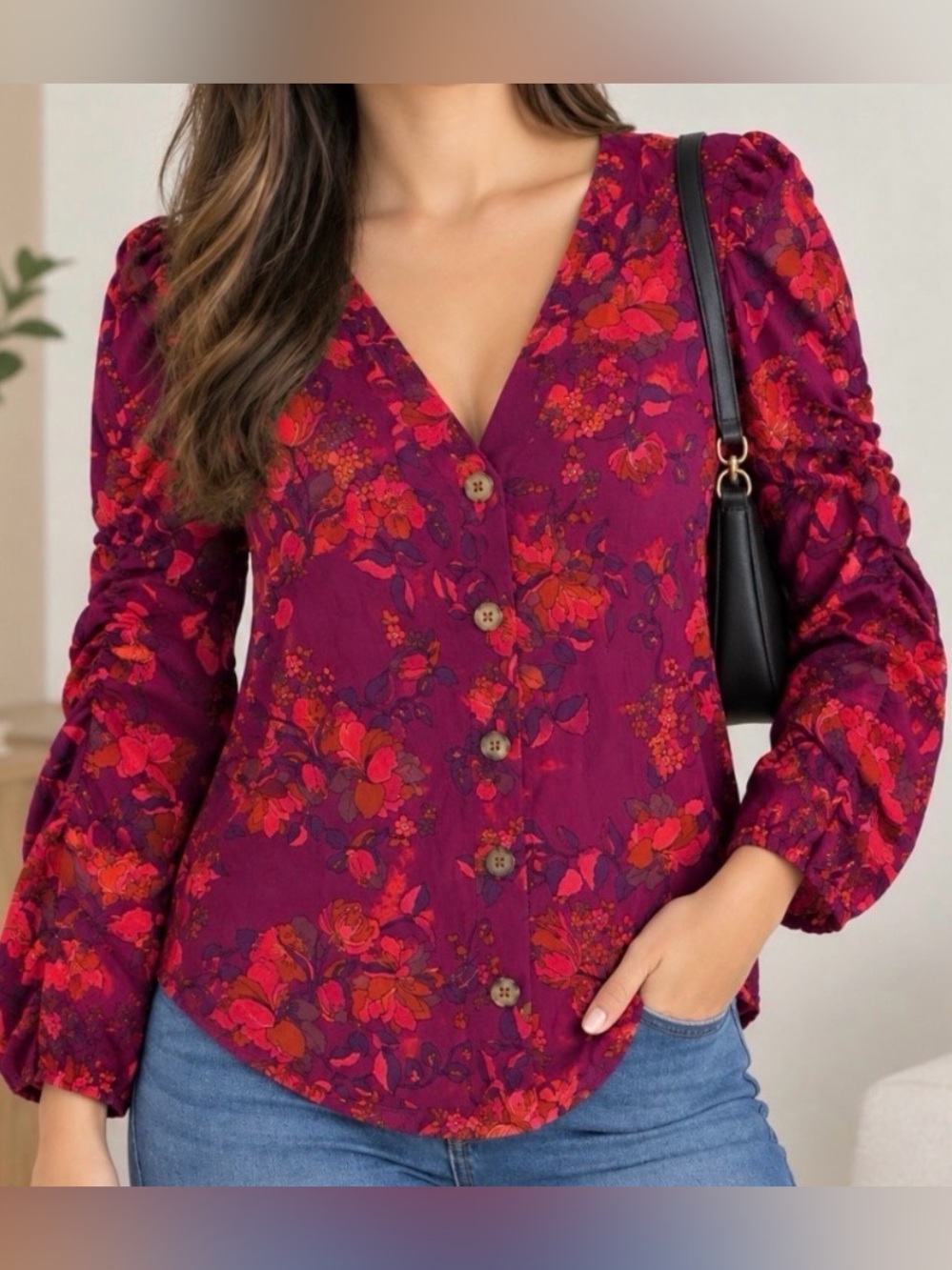 Maeve by Anthropologie Floral Jourdain Ruched  3/4 Sleeve Blouse. NWT